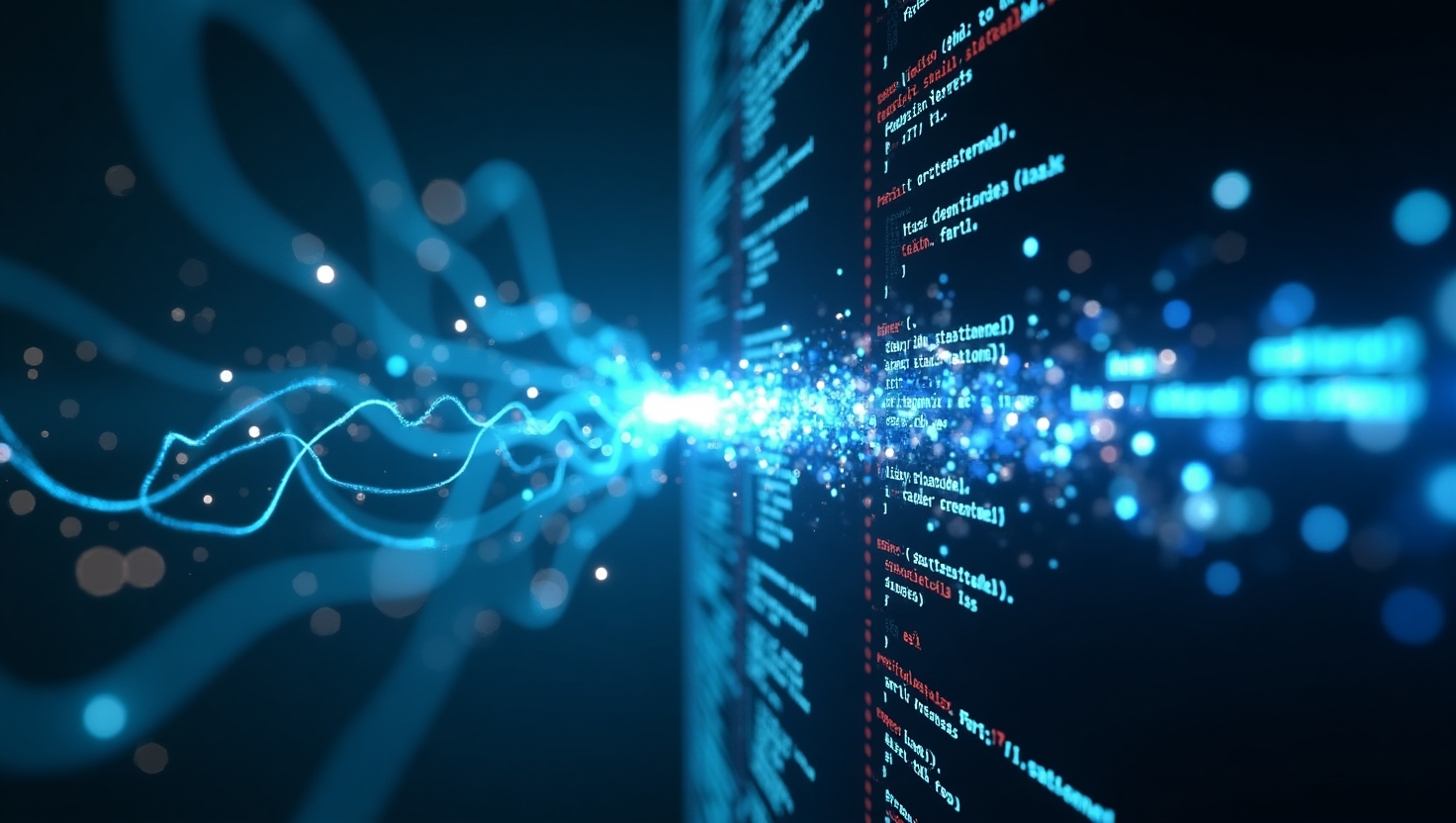 The blend of data, light, and movement could be seen as a conceptual depiction of the inner workings of an advanced artificial intelligence system.