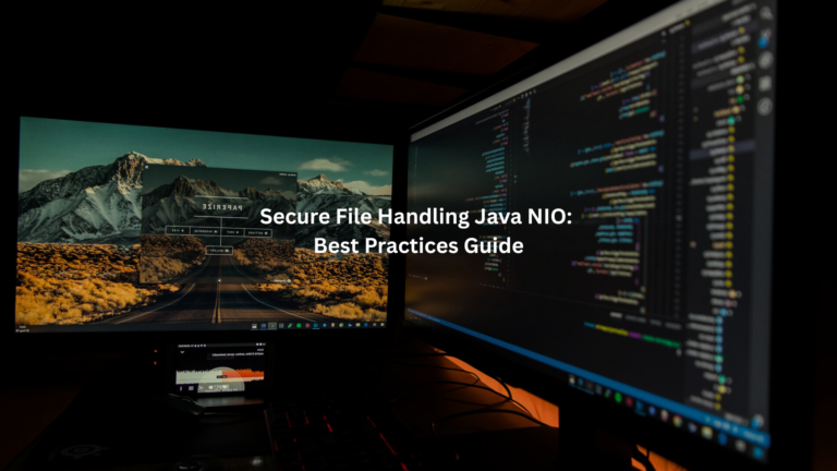 a computer workstation with one screen displaying a picturesque mountain road and the other showcasing complex programming code, indicating a guide or tutorial focused on secure file management using Java NIO.