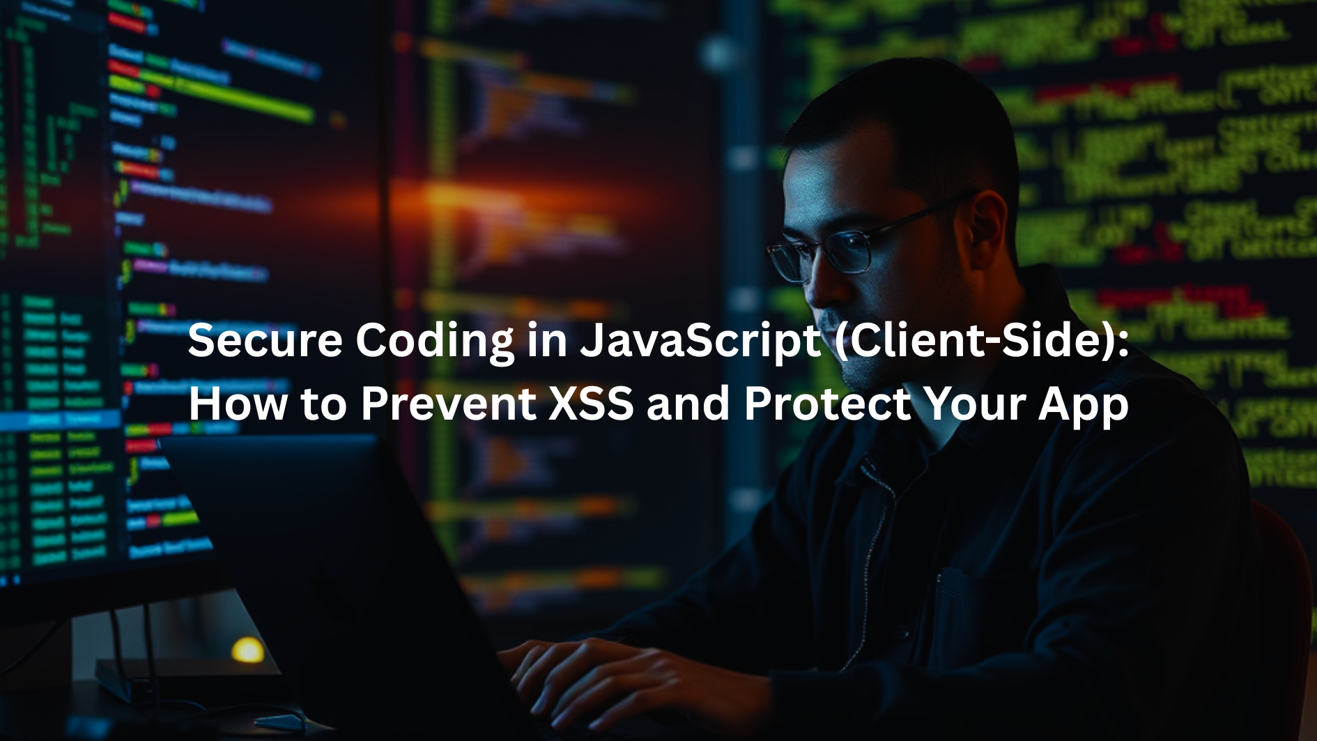A focused developer types on a laptop, surrounded by multiple screens displaying vibrant JavaScript code. The scene conveys urgency and technical depth