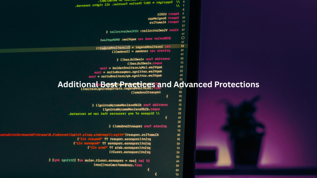 Detailed Swift programming code visible on a laptop, surrounded by a striking purple and blue lighting effect.