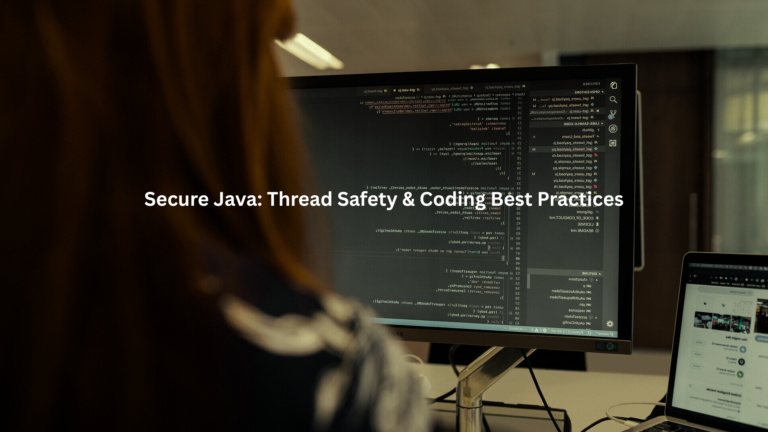 A developer's workspace with a computer monitor displaying information on secure Java programming techniques and best practices.