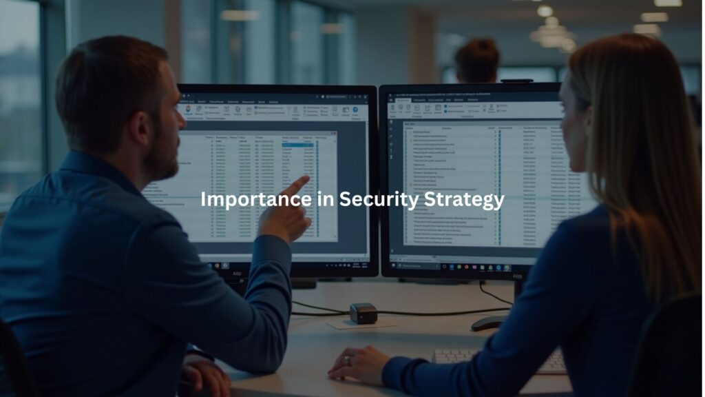 An open-plan office where two IT administrators are reviewing system access logs on dual monitors.