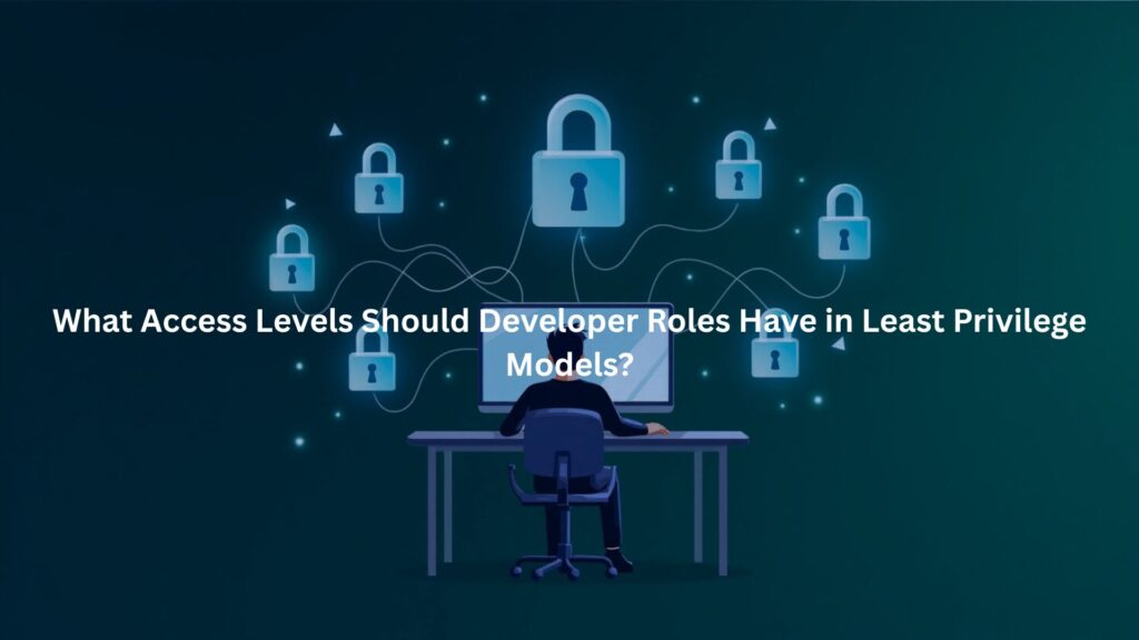 A developer sits at a desk in front of a computer, surrounded by multiple locked digital gates or padlocks floating around them.
