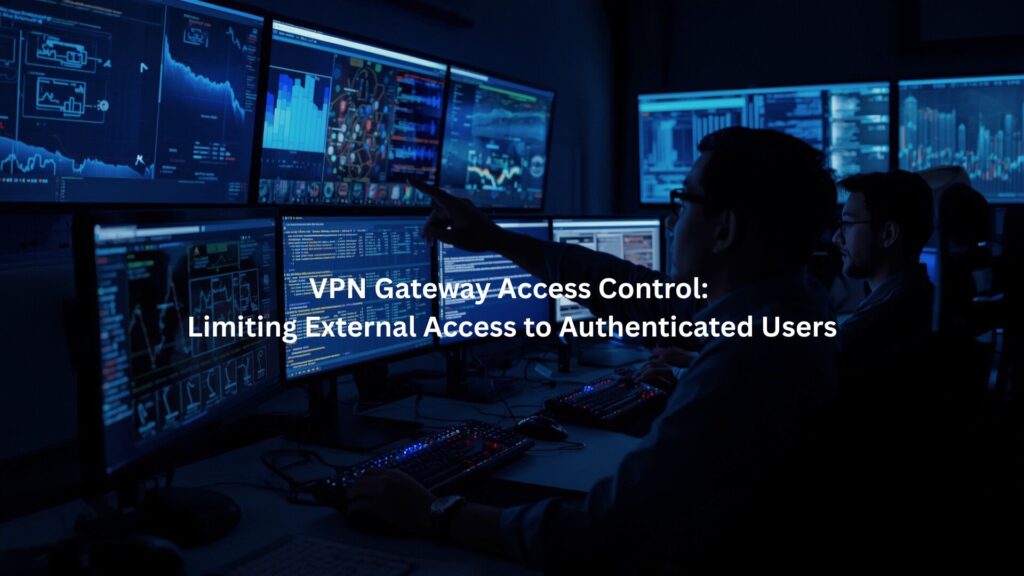 A small team of IT professionals in a dimly lit operations center filled with multiple monitors.