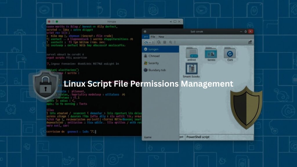 A stylized stack of folders and script files with floating user icons, padlocks, and checkmarks