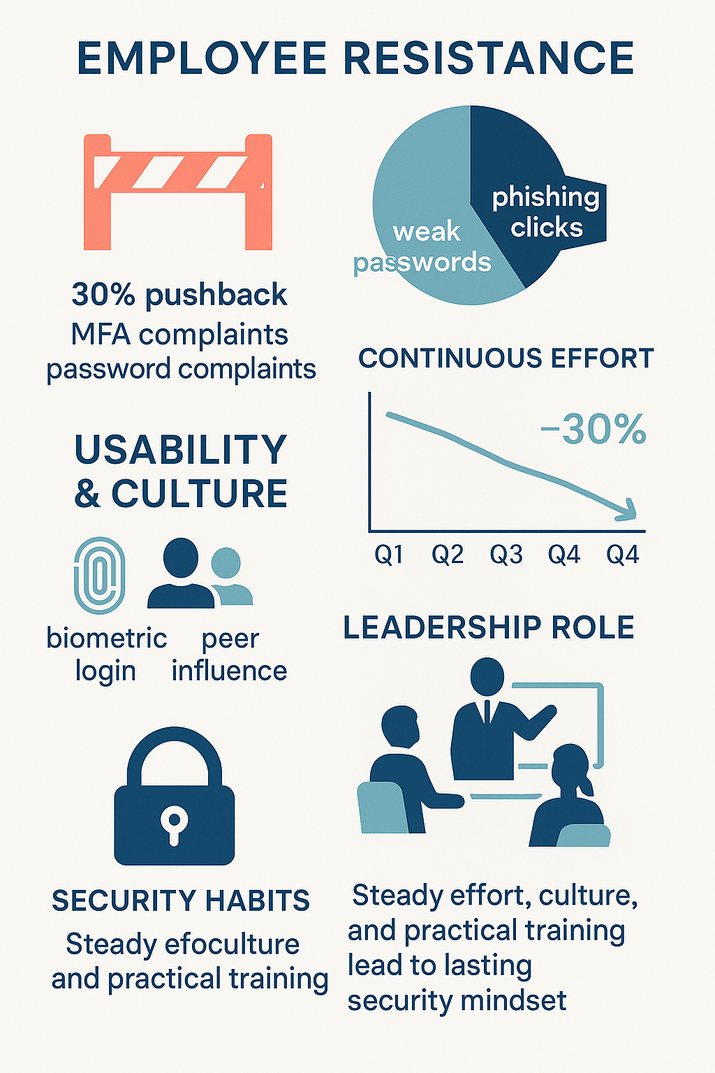 Infographic showing employee resistance to security practices, highlighting pushback against MFA, weak passwords, phishing risks, and the role of culture, leadership, and habits.