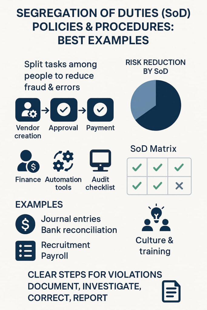 Infographic on segregation of duties policies, showing vendor creation, approval, payment, and examples like payroll and journal entries.