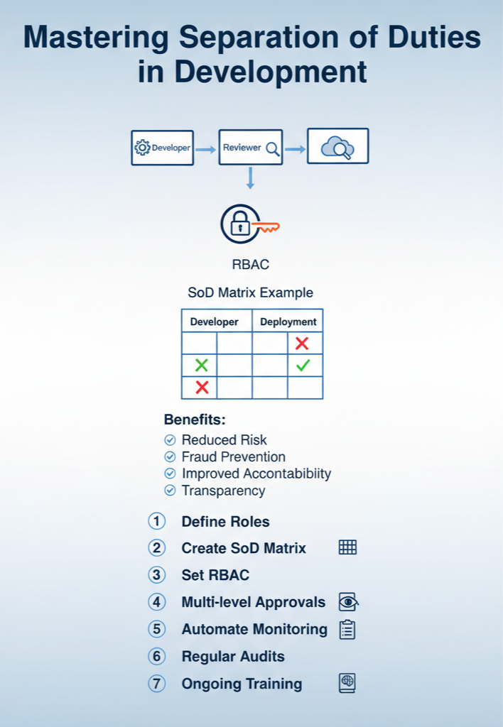 Enhancing Development Processes with Duty Separation: A visual guide demonstrating the principles of separating development duties to improve security, accountability, and transparency.