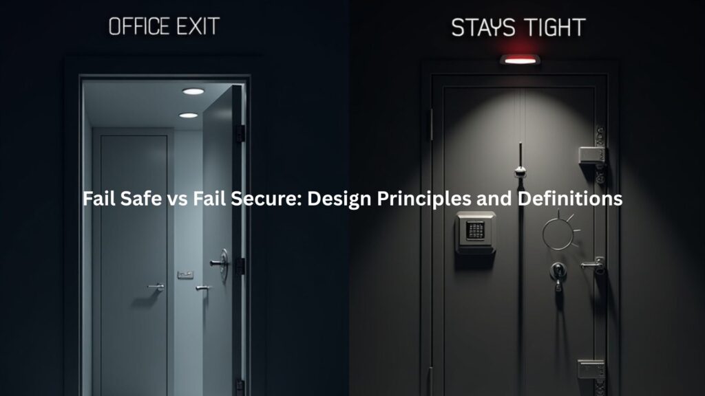 A split-screen illustration: on the left, an office exit door automatically unlocks and opens wide in a darkened hallway