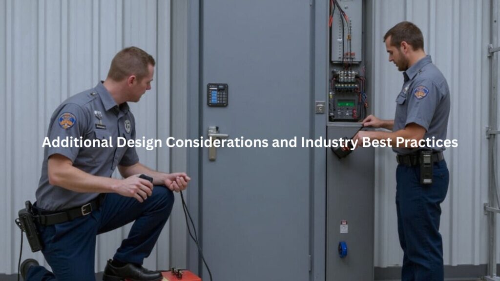 Technicians in uniforms test a security door with specialized equipment, one checking wiring connections while another reviews a control panel.