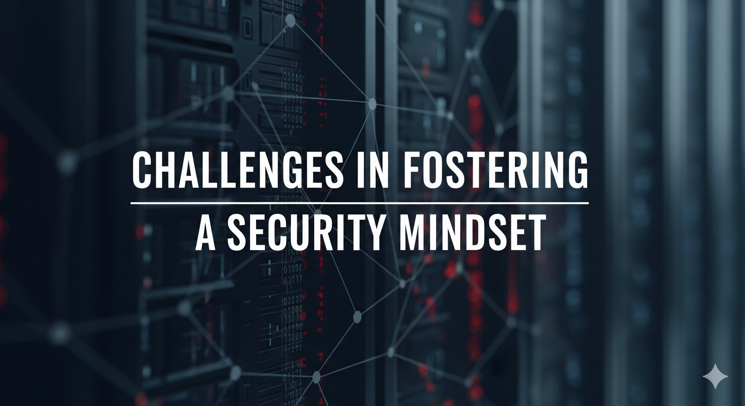 Cybersecurity-themed image featuring server racks and digital lines with a bold headline about security mindset challenges.