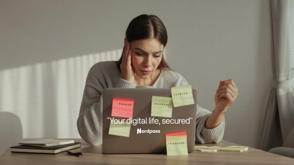 Nordpass ad showing a frustrated person managing passwords with reminders stuck on her computer.