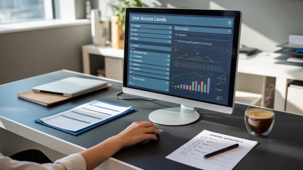 Close-up of a business dashboard showing access rights and performance graphs in an office setting.