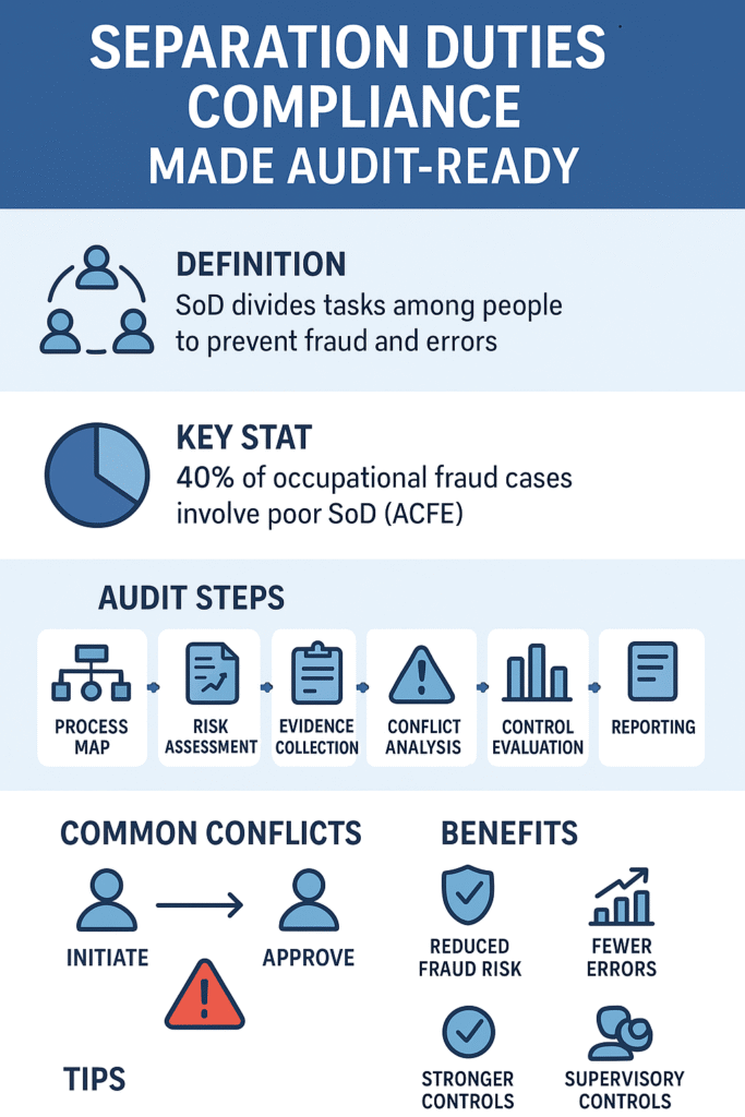 Infographic on audit separation duties compliance, outlining definitions, key stats, audit steps, common conflicts, and benefits.
