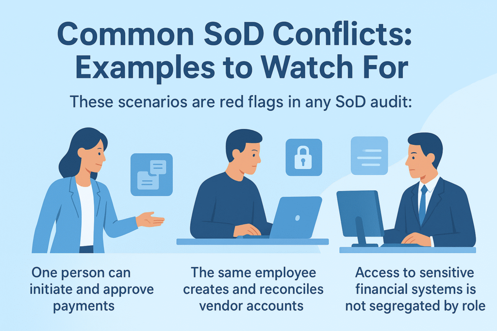 Common conflicts in audit separation duties compliance, highlighting red flags in SoD audits.