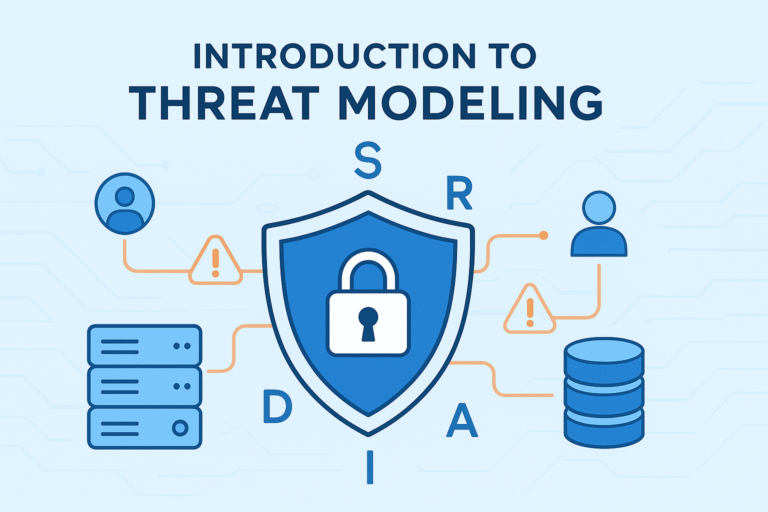 Introduction to threat modeling - an image depicting icons representing cybersecurity concepts like servers, users, and a shield with a lock symbol.