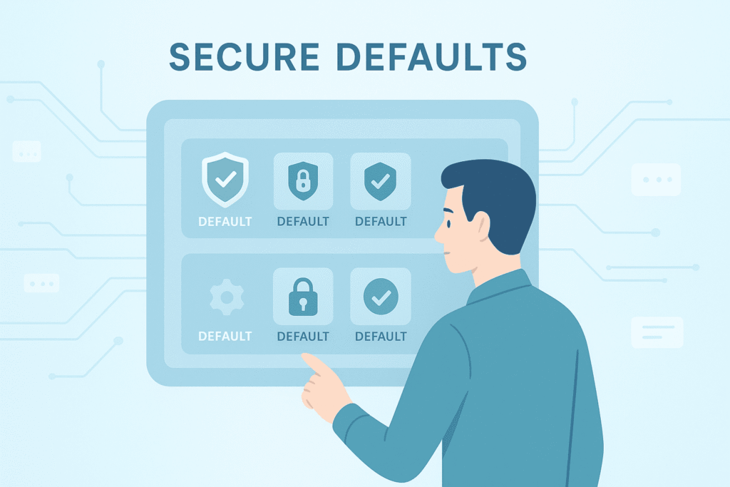 Illustration of a person reviewing security settings with shield icons displaying default security configurations on a digital screen interface.