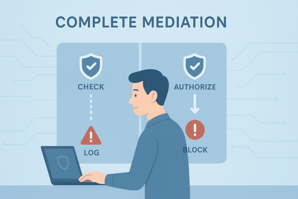 Diagram showing a security workflow with Check, Authorize, Log, and Block steps as part of complete mediation process for access control.