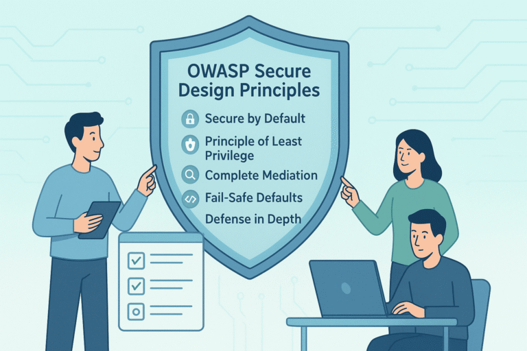 Team reviewing OWASP Secure Design Principles: Secure by Default, Least Privilege, Complete Mediation, Fail-Safe Defaults, and Defense in Depth.