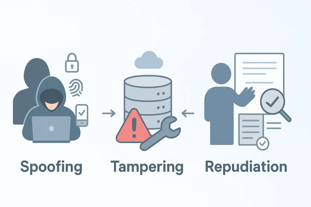 STRIDE threat modeling example depicting spoofing, tampering, and repudiation as cybersecurity threats targeting cloud infrastructure.

