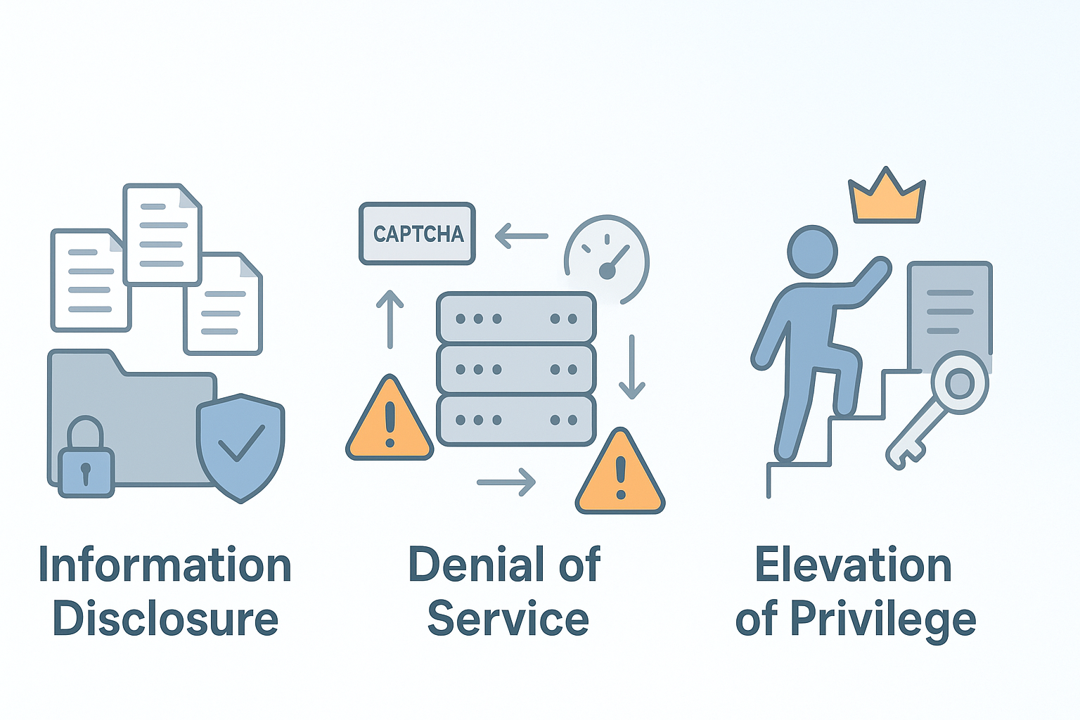 STRIDE threat modeling example illustrating information disclosure, denial of service, and elevation of privilege as cybersecurity threats.

