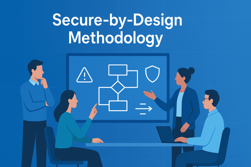 Illustration of a secure-by-design methodology, featuring icons and diagrams related to cybersecurity principles and practices.