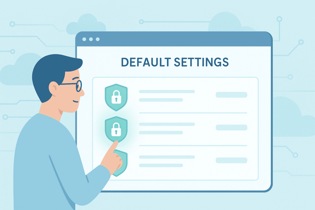 User accessing default security settings interface with lock shield icons representing data protection and system configuration management.