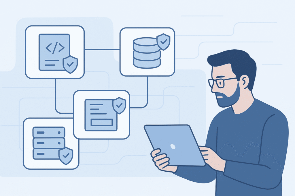 Developer managing secure software architecture with code protection, database security, and documentation shield icons on laptop.