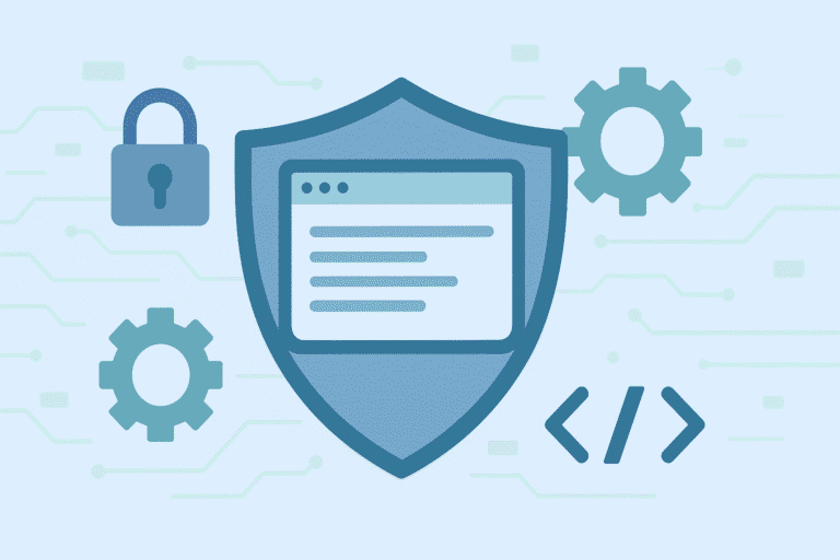 Secure software design shield with lock, gears, and code brackets representing encryption, configuration, and secure coding practices.
