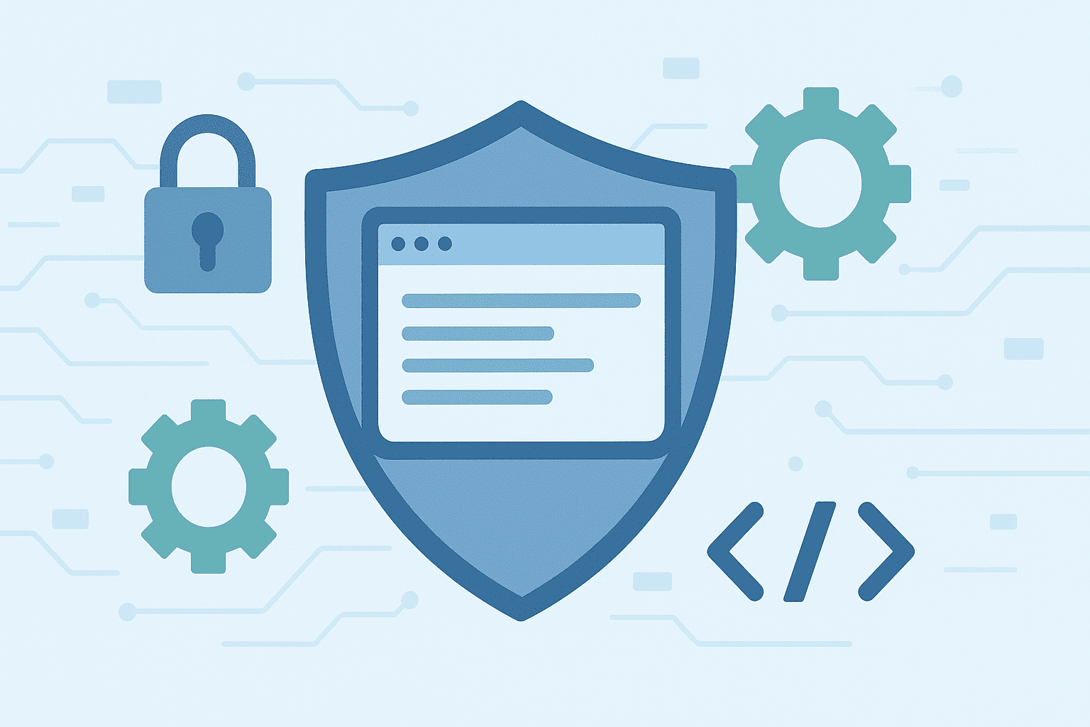 Secure software design shield with lock, gears, and code brackets representing encryption, configuration, and secure coding practices.