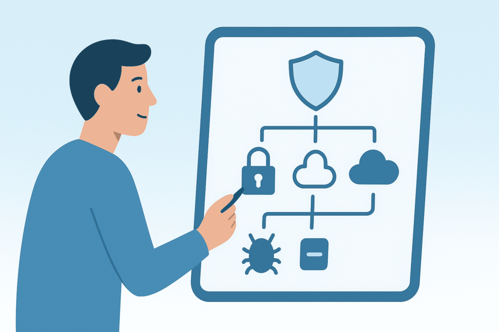 Person examining threat modeling flowchart with security elements, locks, clouds, and bug icons on tablet screen.