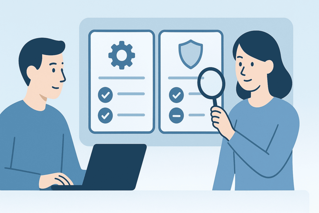 Two professionals discussing security checklists and shield protection, simple threat modeling tools for team security.
