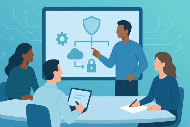 eam collaborating on security architecture with gear, shield, cloud icons representing threat modeling methodology.