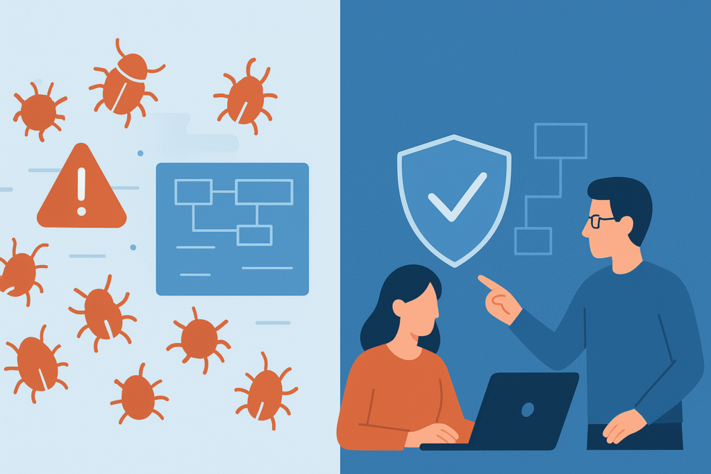 A team collaboratively reviewing a system diagram and security controls on a computer screen, demonstrating a proactive approach to threat modeling.