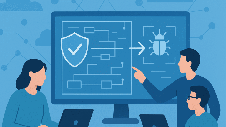 Two developers analyzing a system diagram to identify potential threats, with icons representing different types of vulnerabilities and a checklist.