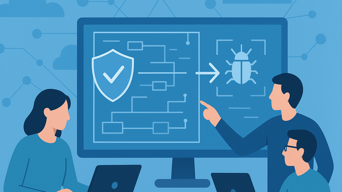 Two developers analyzing a system diagram to identify potential threats, with icons representing different types of vulnerabilities and a checklist.