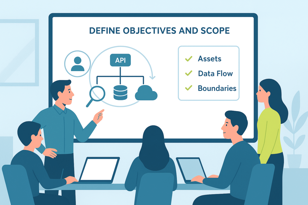 Illustration of a team discussing the objectives and scope of a threat modeling exercise, focusing on assets, data flow, and boundaries.