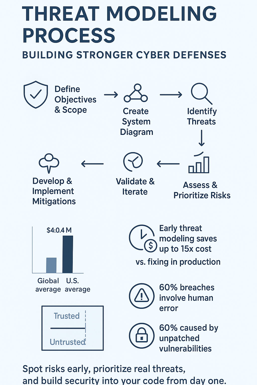 Infographic outlining the steps of the threat modeling process, including defining objectives, creating system diagrams, identifying threats, and more.