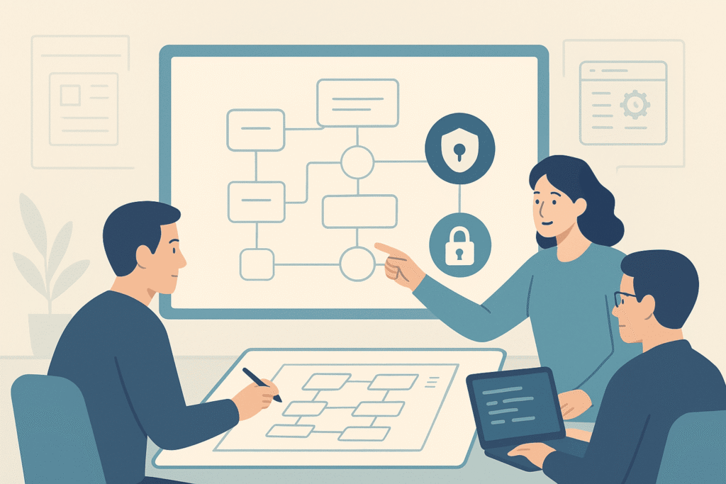 Team collaborating on threat modeling workflow diagram with security lock icons on display board during design phase planning.