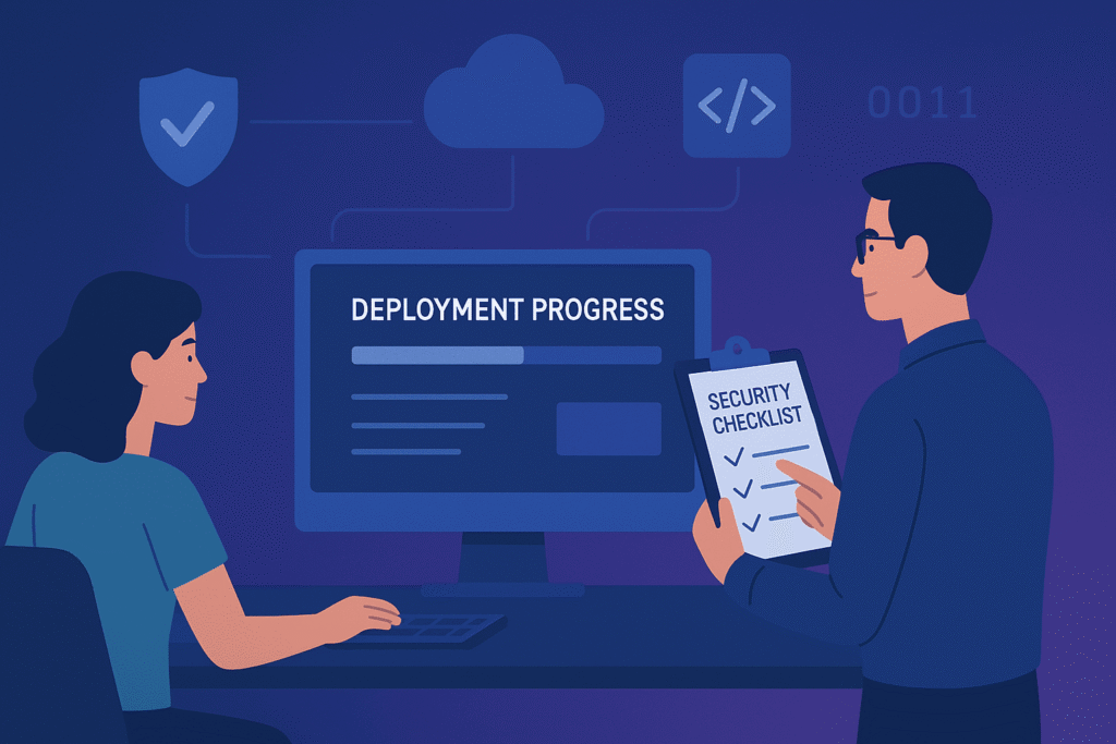 Developer reviewing deployment progress and security checklist with cloud infrastructure icons and verification symbols displayed.
