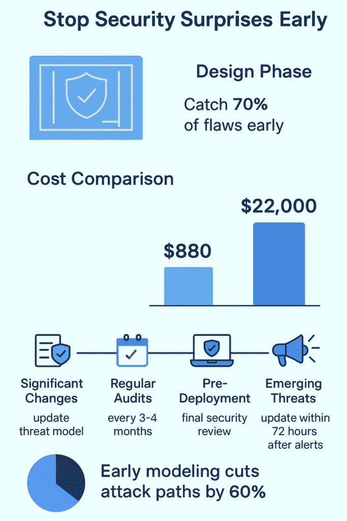 Threat modeling strategy guide showing design phase analysis, cost comparison, audit schedule, and early attack path prevention benefits.