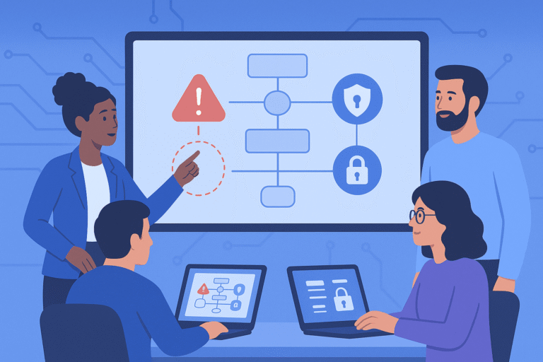 Security team discussing threat modeling process with warning alert icon and lock symbols on presentation screen during meeting