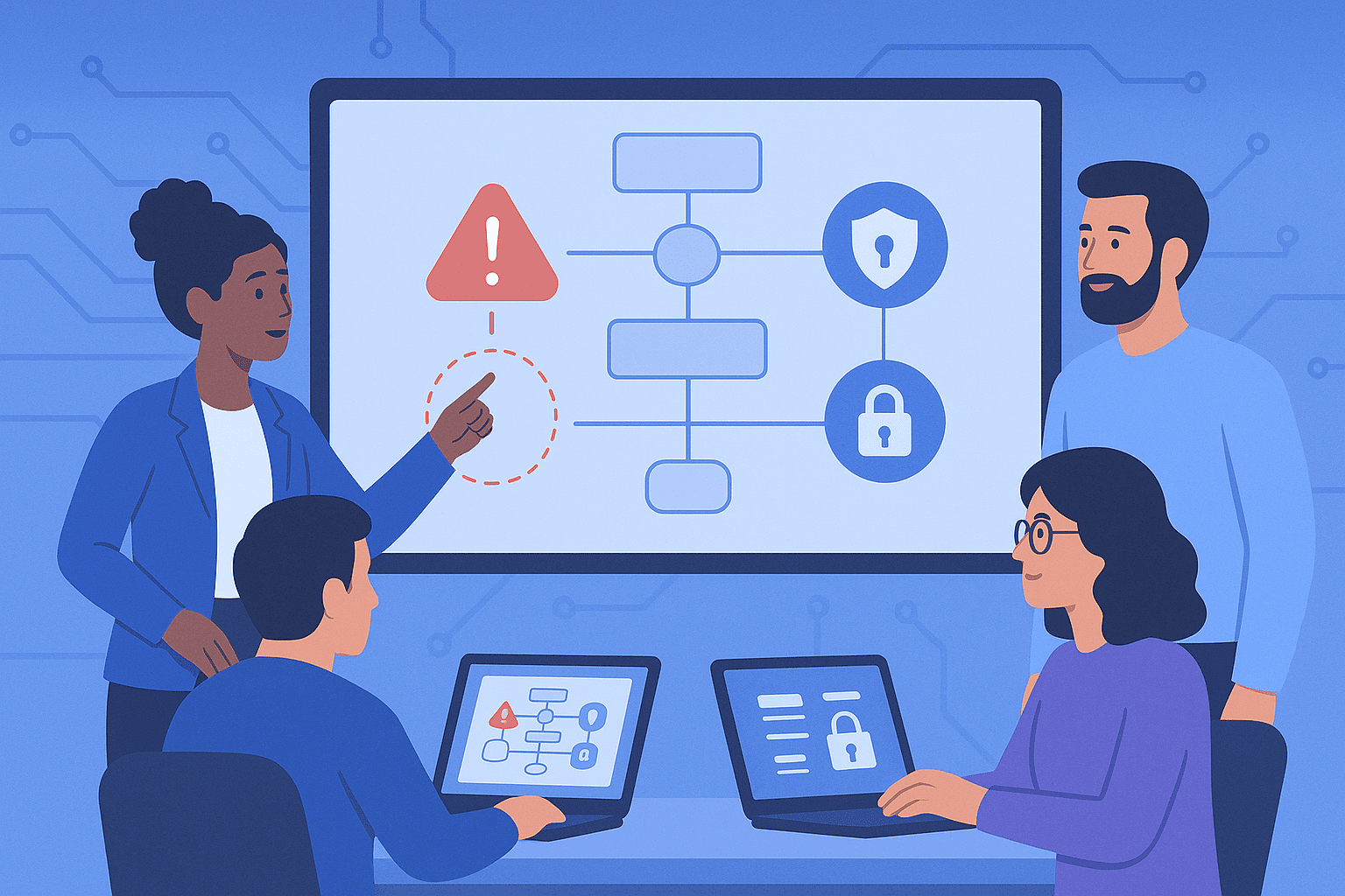 Security team discussing threat modeling process with warning alert icon and lock symbols on presentation screen during meeting