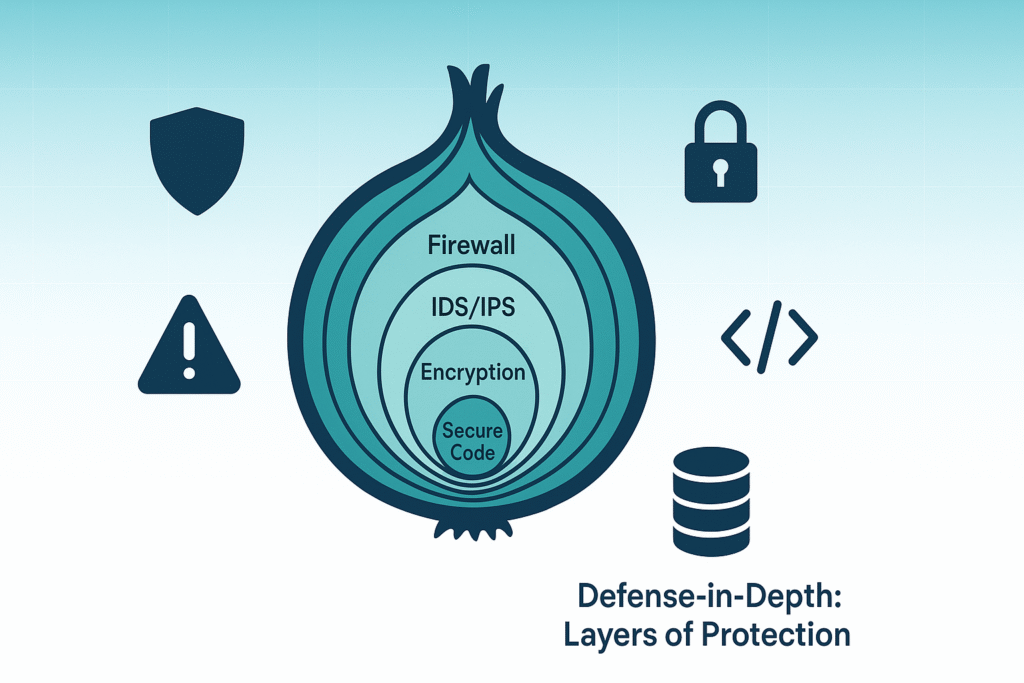 Visual representation of a multi-layered security approach, incorporating firewalls, intrusion detection, encryption, and secure coding practices.