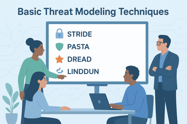 Illustration of a team discussing basic threat modeling techniques using diagrams for STRIDE, PASTA, DREAD, and LINDDUN.