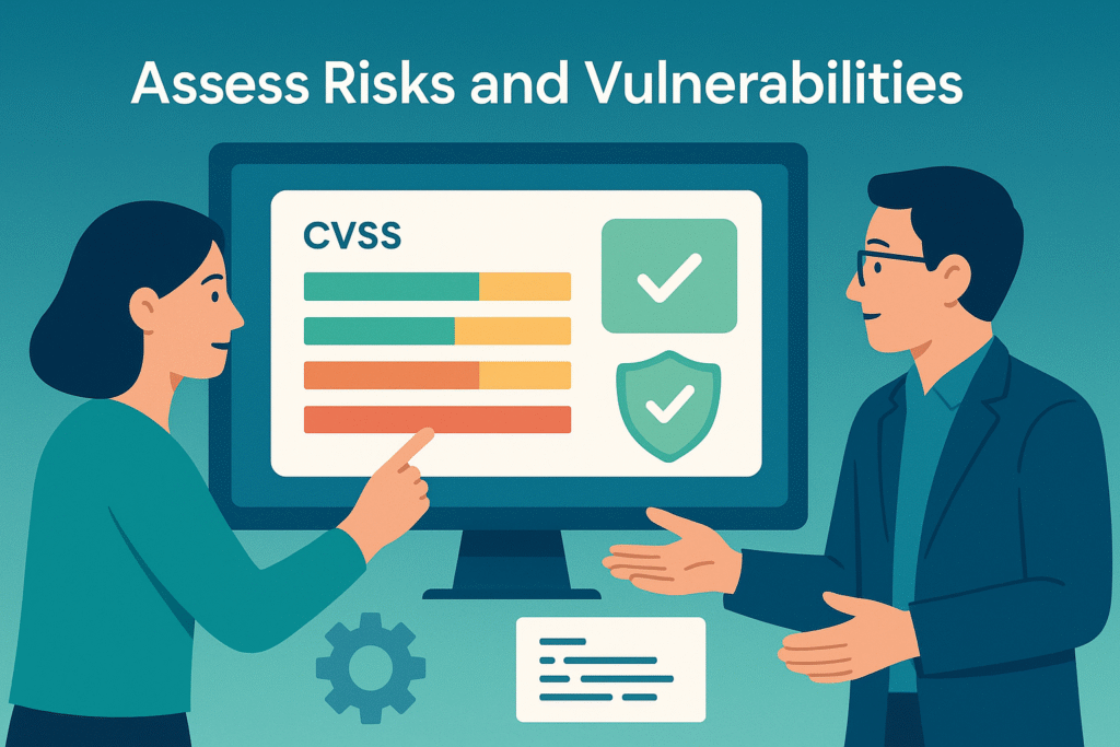 The image depicts two individuals discussing and analyzing a CVSS (Common Vulnerability Scoring System) report, emphasizing the importance of assessing risks and vulnerabilities as part of basic threat modeling techniques.
