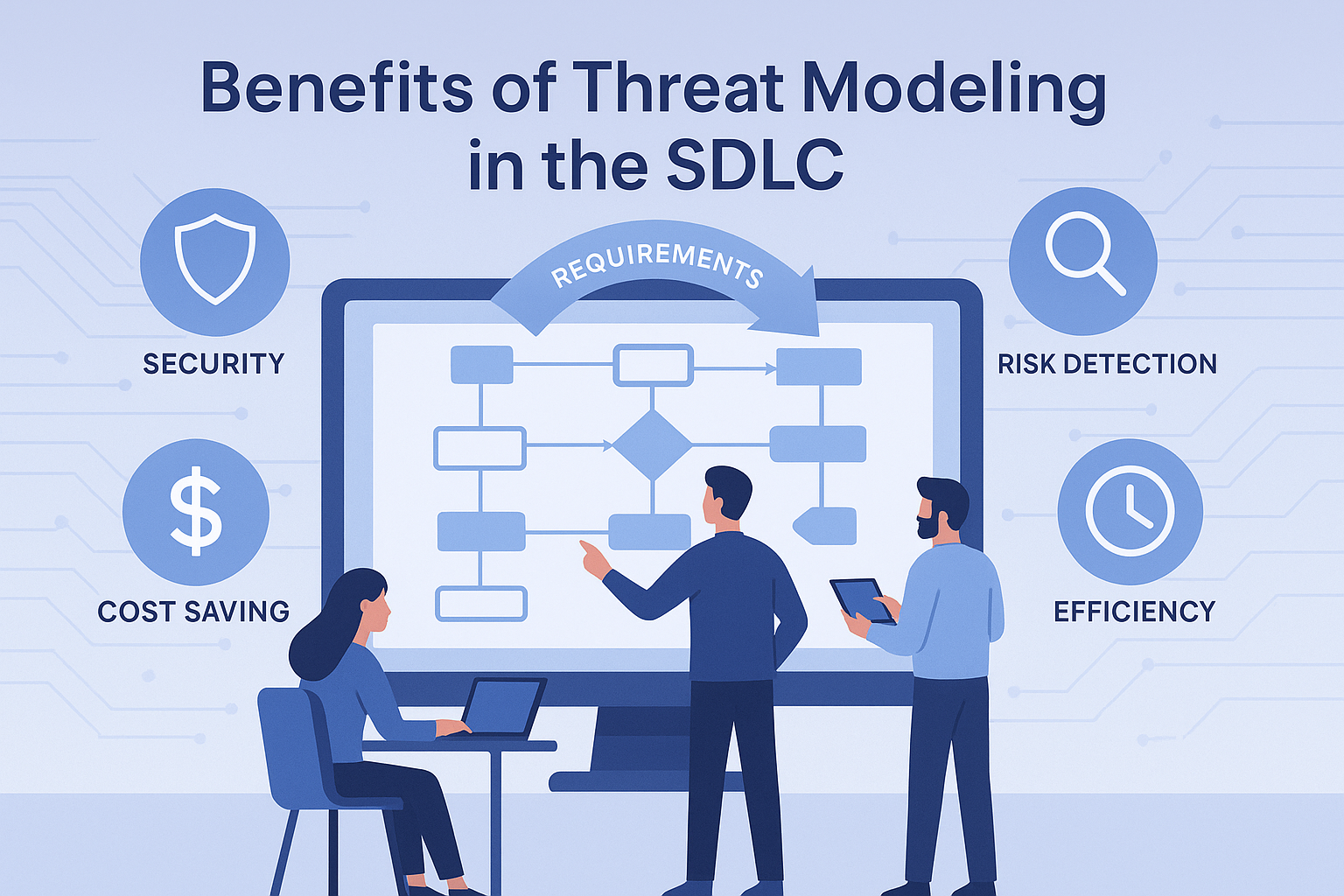Benefits of threat modeling in the SDLC, including spotting risks early, improving security, saving costs, and increasing efficiency.