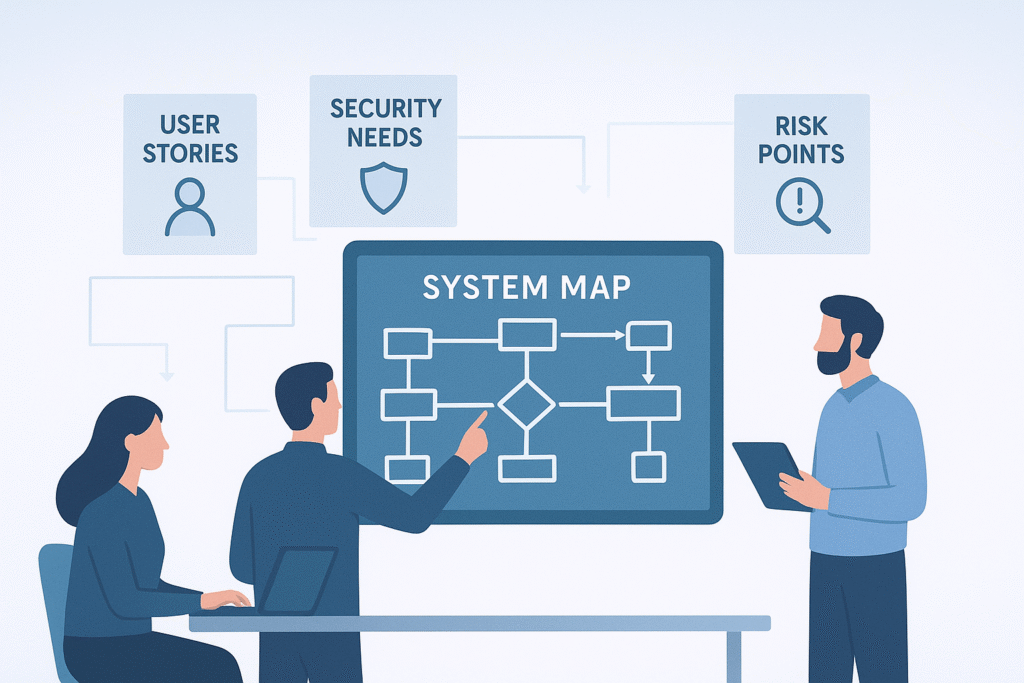 The image illustrates the process of threat modeling in the SDLC, including analyzing user stories, security needs, and risk points to create a system map. This supports the benefits of threat modeling in the SDLC.