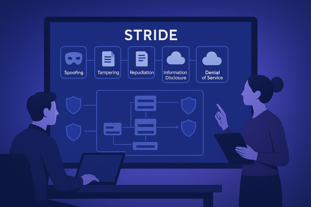 The image illustrates threat modeling in the SDLC, highlighting common threats like spoofing, tampering, and denial of service, which can be addressed through proactive threat modeling.