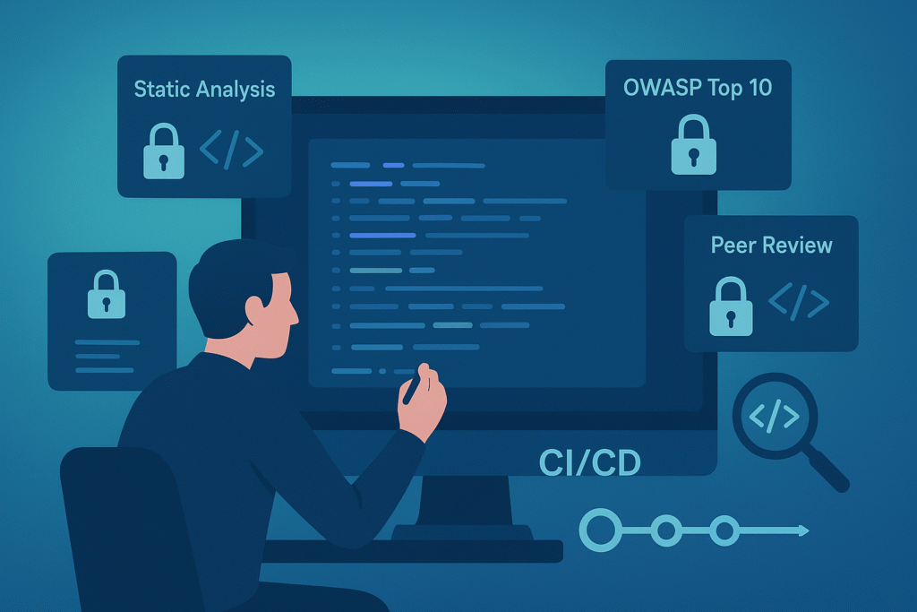 The image showcases security practices like static analysis, peer review, and OWASP Top 10 that complement threat modeling in the SDLC to improve software security.

